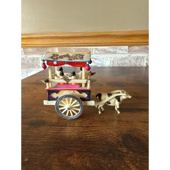 Handcrafted Wooden Ox Cart Figurine With Colorful Detailing & Miniature Figures - Picture 4 of 14